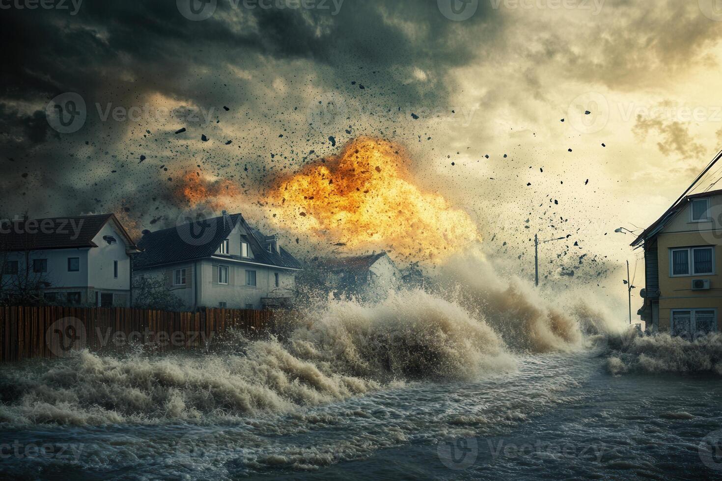 Flood, fire, and debris engulfing houses during a severe storm. photo