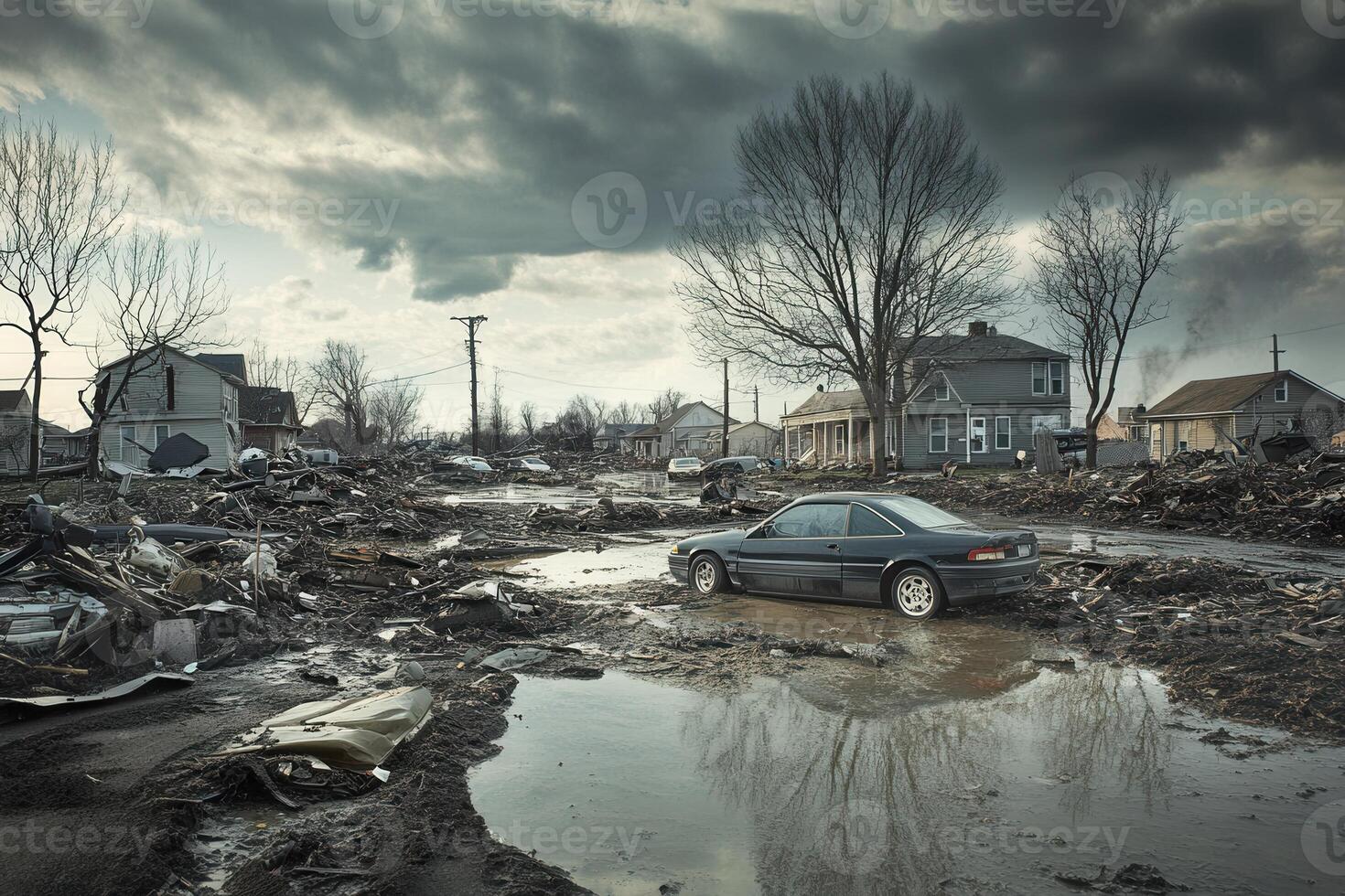 Flood-damaged street with debris and submerged car. photo