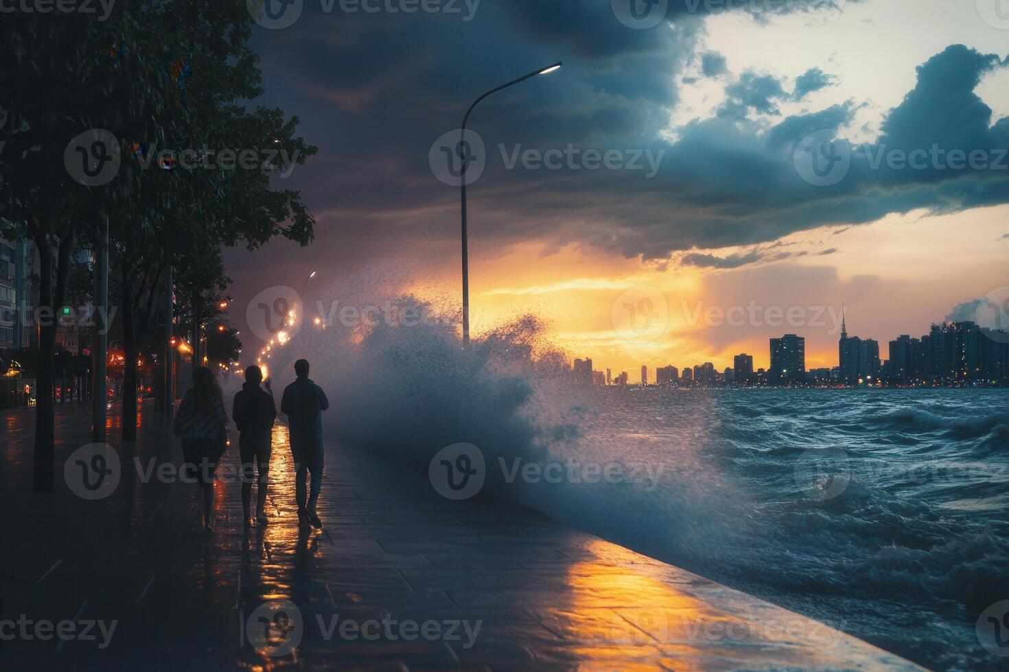 Dramatic sunset cityscape with huge waves crashing on a waterfront walkway, silhouetted figures walking. photo