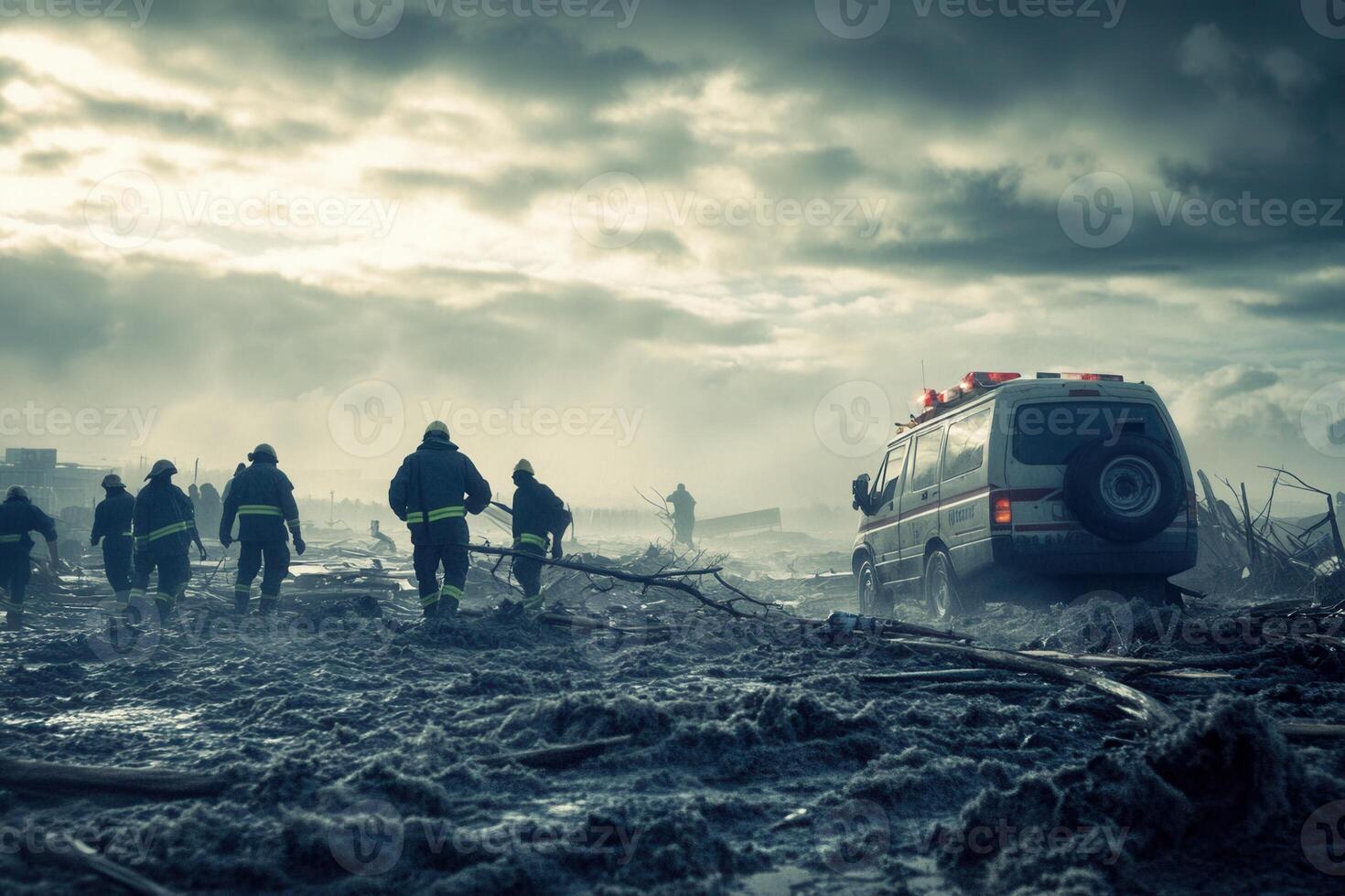 Emergency responders rush towards an ambulance amidst a disaster scene, navigating rubble and smoke. photo