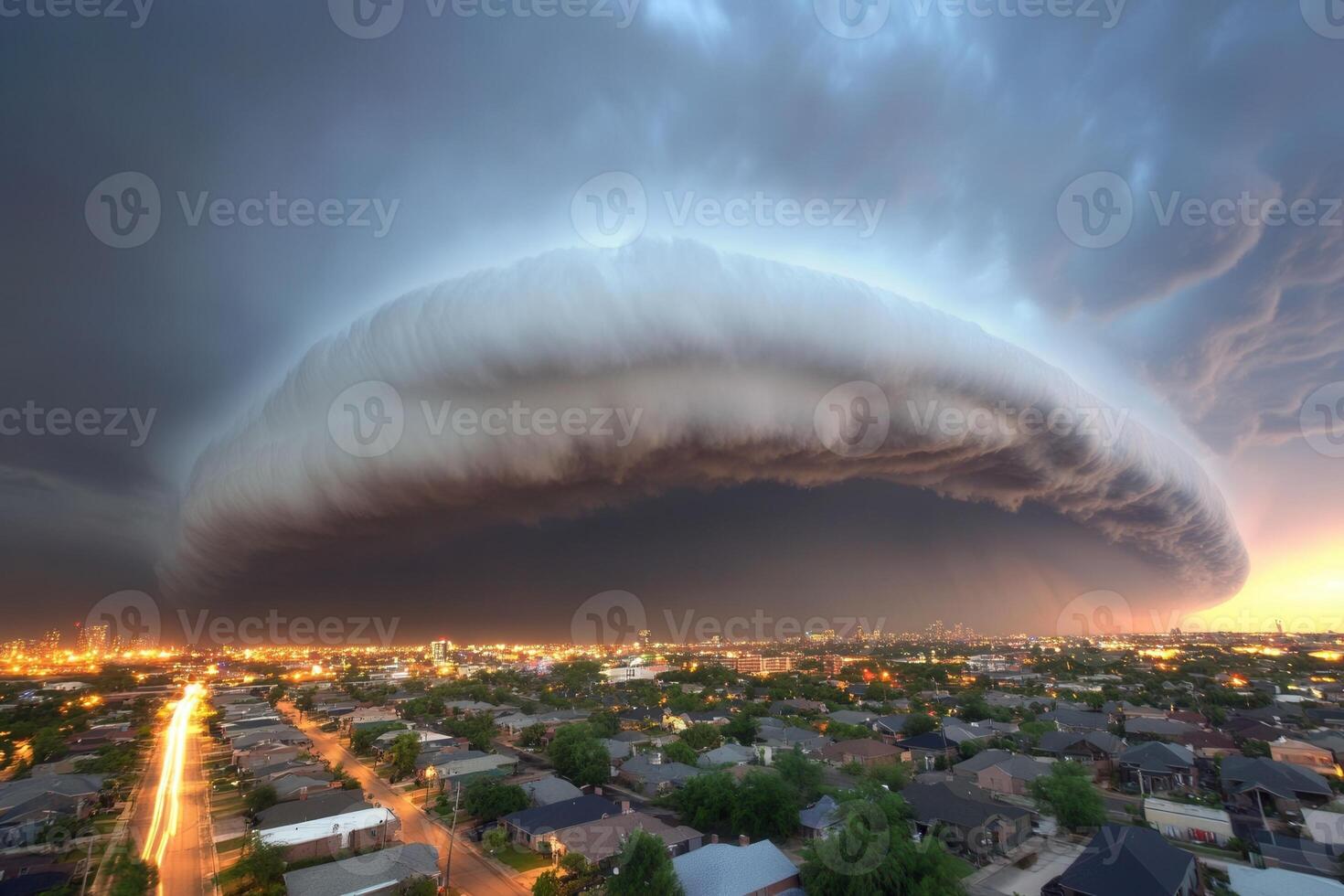Dramatic shelf cloud over city at sunset. photo