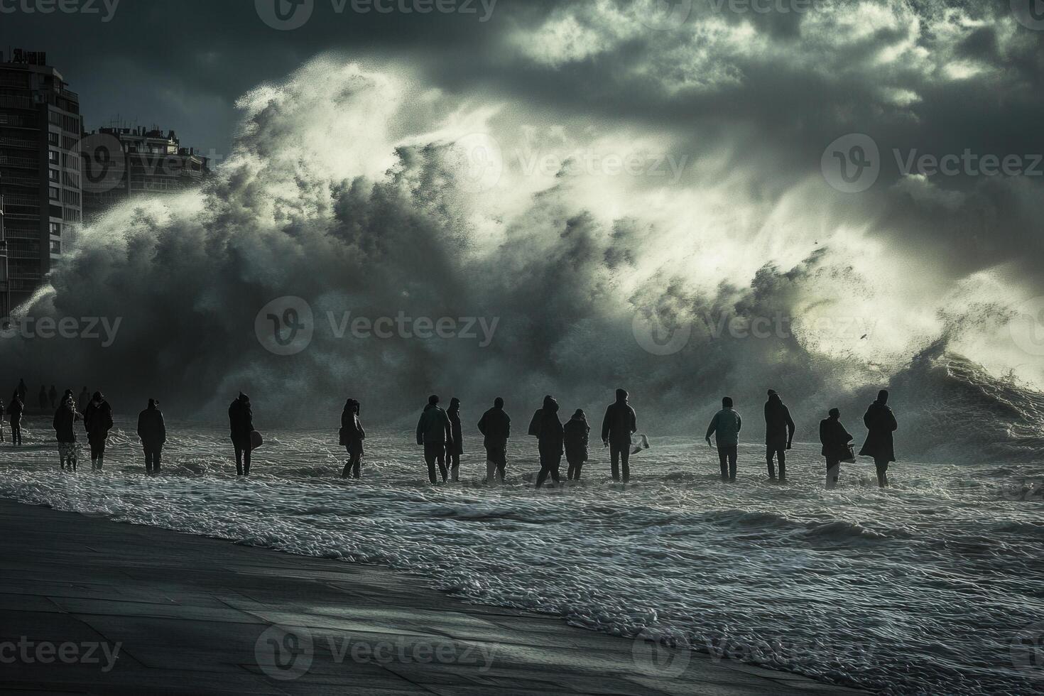 Dramatic ocean waves crashing on shore, people silhouetted against stormy sky. photo