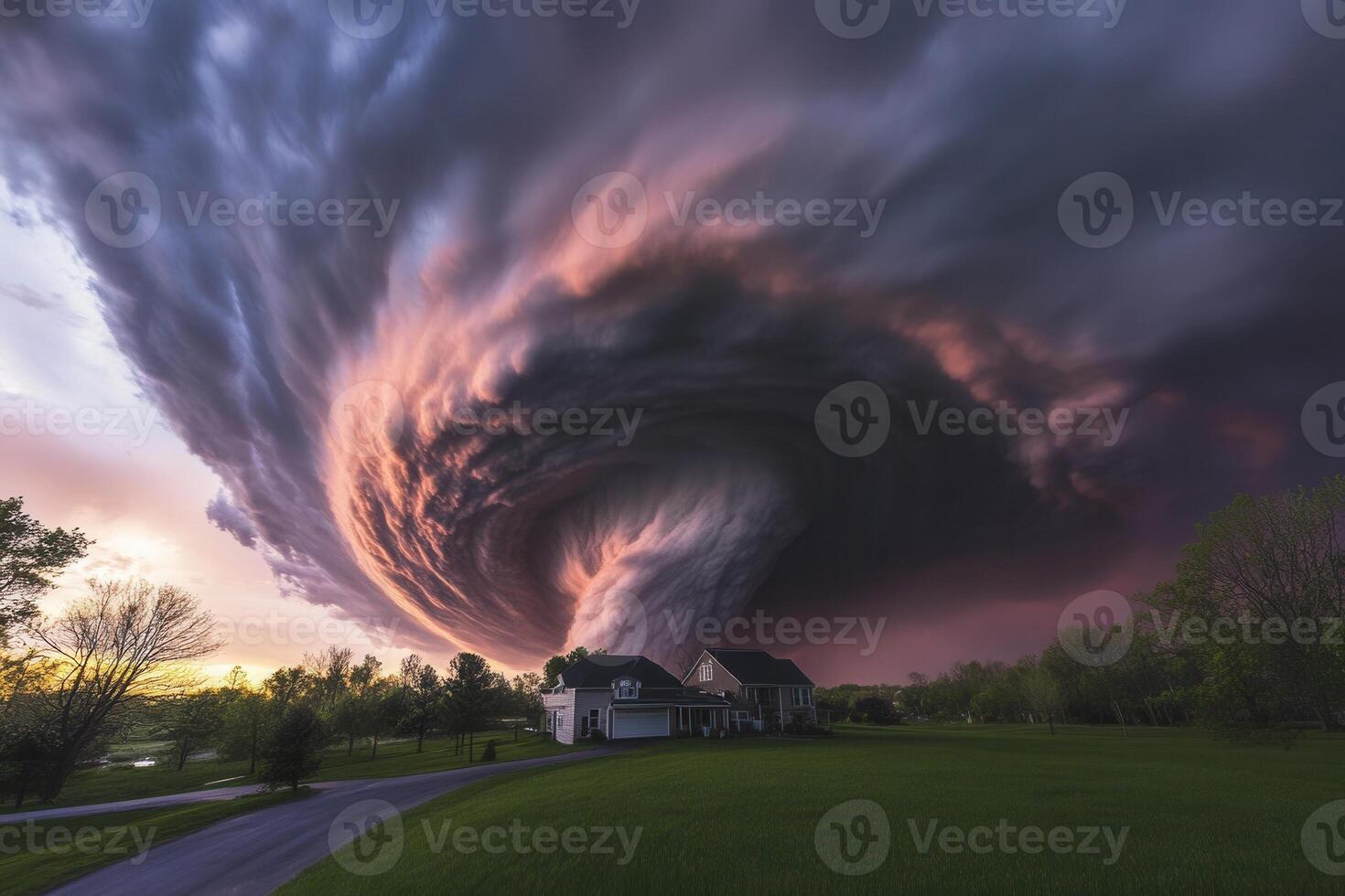 Dramatic swirling storm clouds over houses in a field at sunset. photo