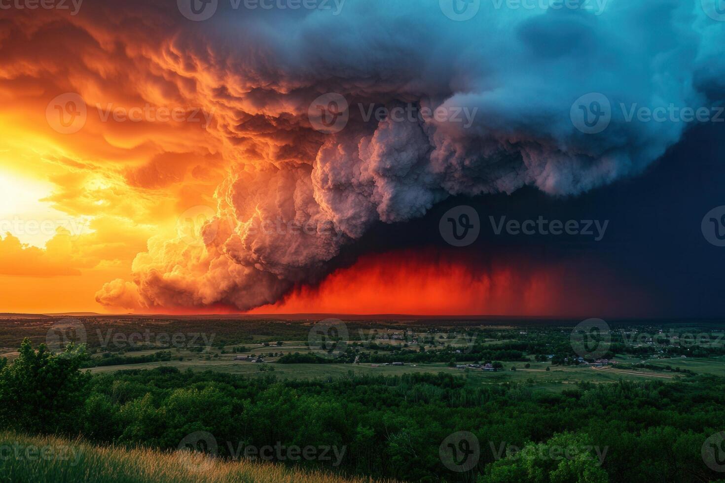 Dramatic sunset with fiery orange and dark blue storm clouds over green landscape. photo