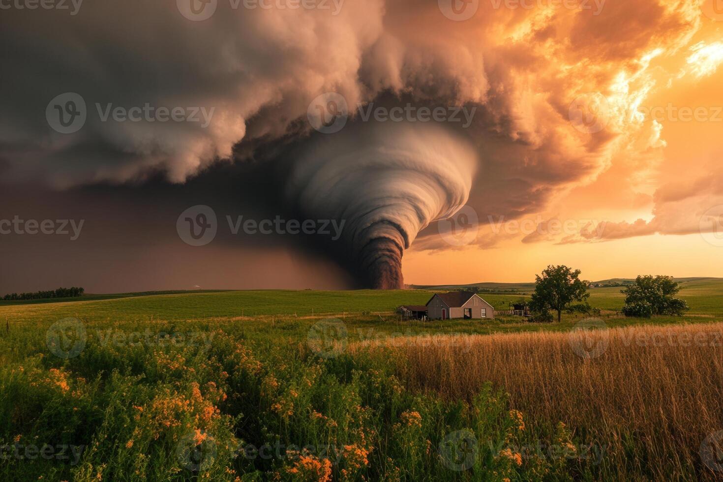 Dramatic sunset supercell thunderstorm over rural landscape with farmhouse. photo