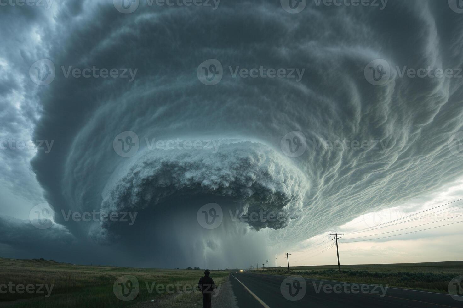 Dramatic supercell thunderstorm with person on road. photo