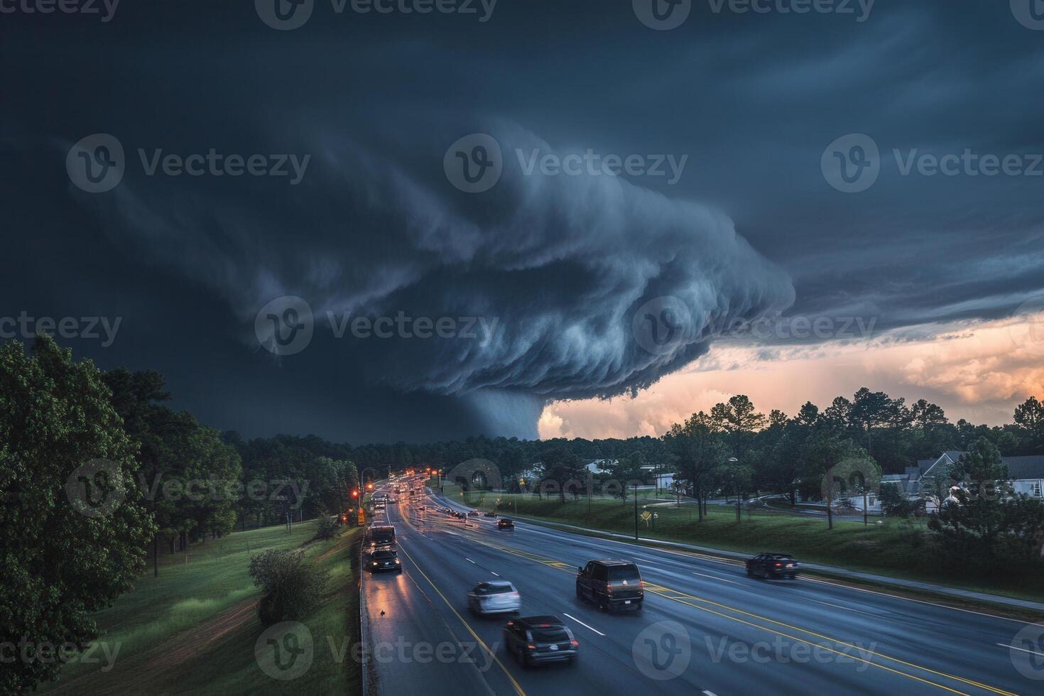 Dramatic storm clouds over highway traffic at sunset. photo