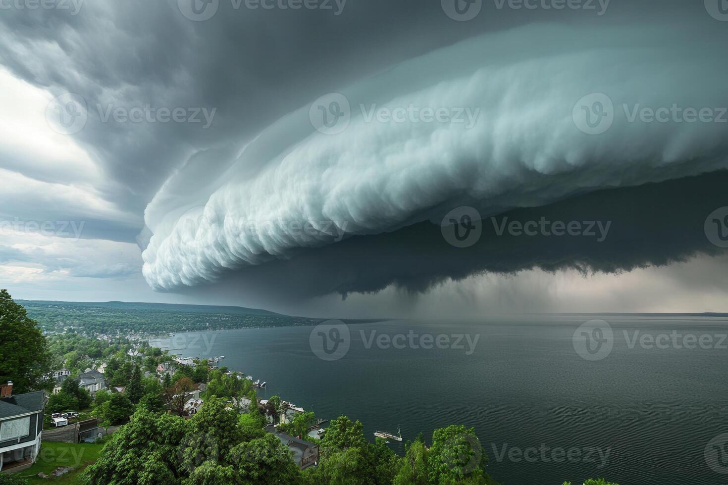 Dramatic shelf cloud over lake and town. photo