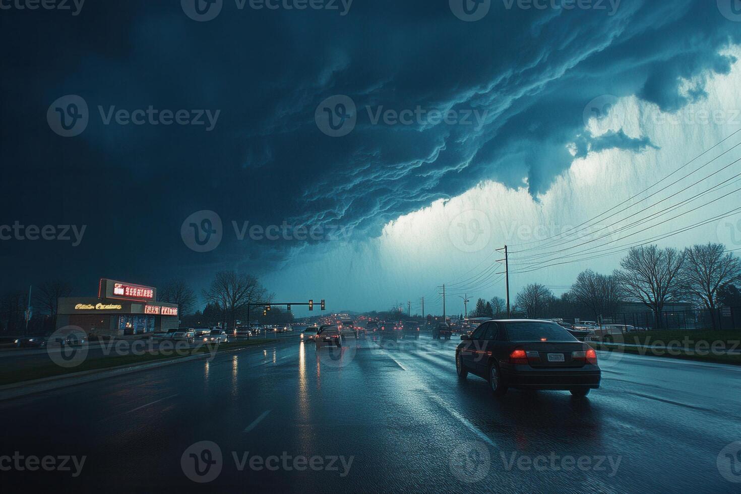 Dramatic storm clouds over a rain-slick highway with cars driving through. photo