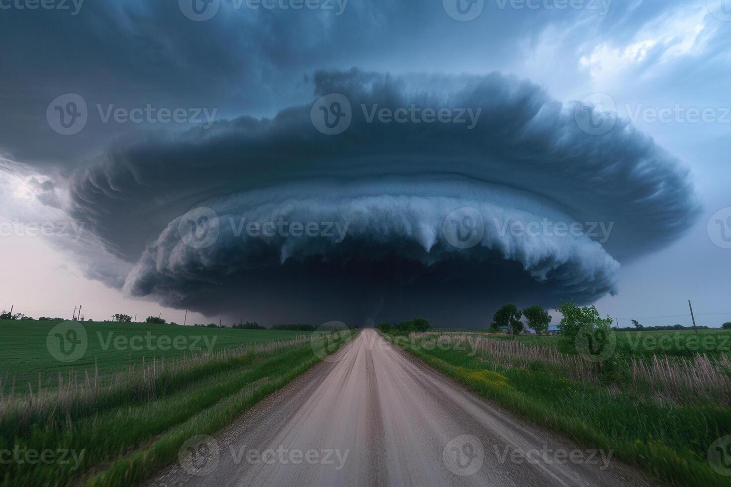 Dramatic supercell thunderstorm over rural road. photo