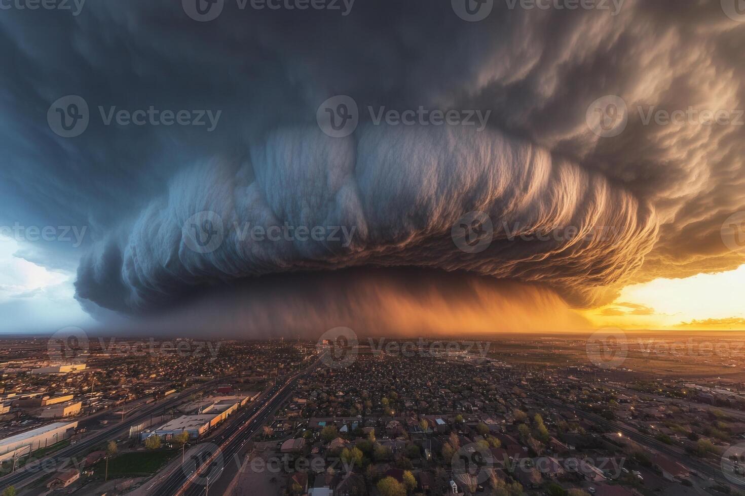 Dramatic sunset storm clouds over suburban landscape. photo