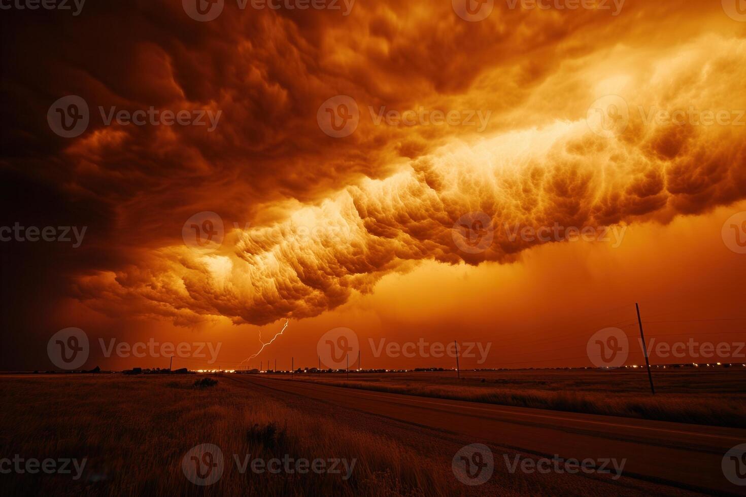 Fiery orange storm clouds over a flat landscape with lightning strike. photo