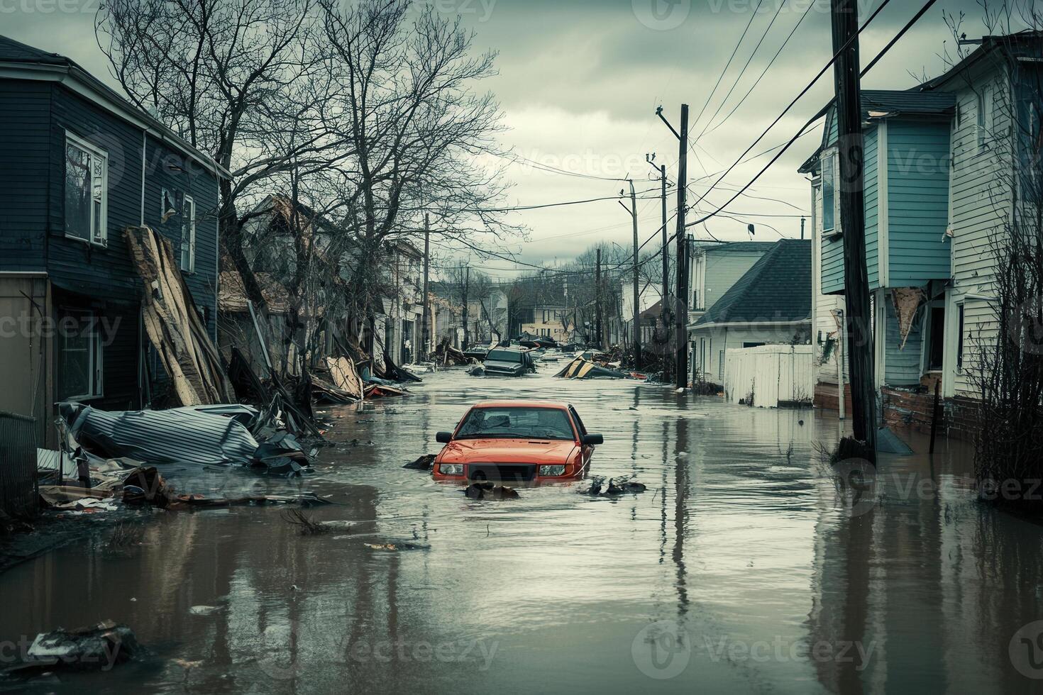 Flooded street with submerged car, debris, and damaged houses after a natural disaster. photo