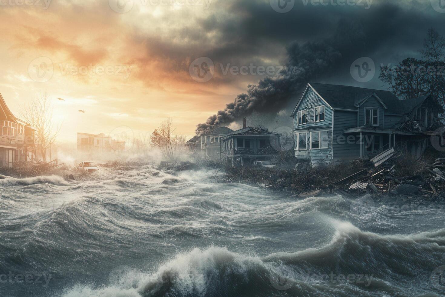 Flood-ravaged suburban neighborhood at sunset, showing destruction and smoke. photo