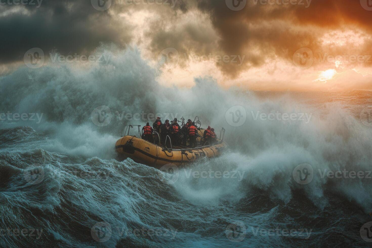 Inflatable raft navigating tumultuous ocean waves during dramatic sunset. photo