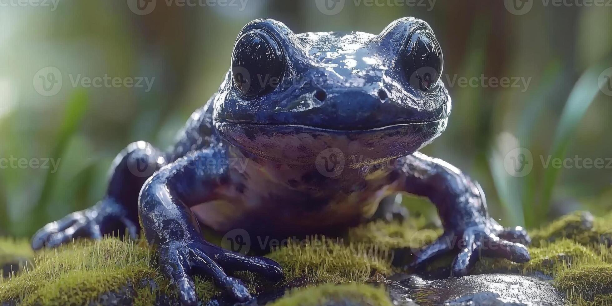 Detailed Close up of a Dark Salamander on Mossy Rocks in a Forest photo
