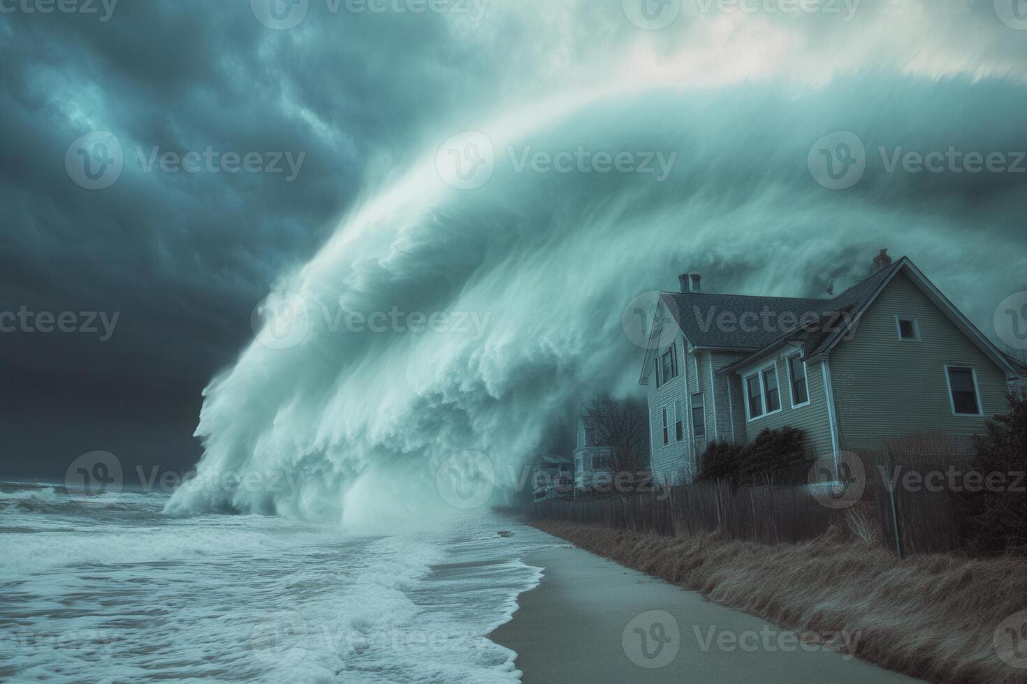 Huge wave crashing over coastal house during storm. photo