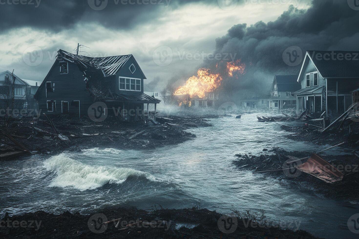 Flood-ravaged houses burning amidst storm. photo