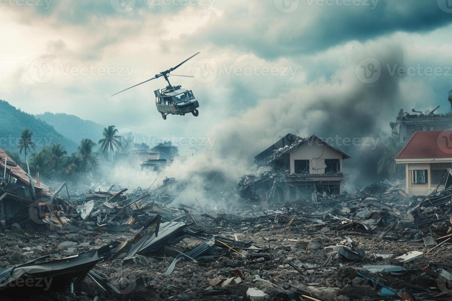 Helicopter rescue operation over a disaster zone with rubble, smoke, and damaged buildings. photo