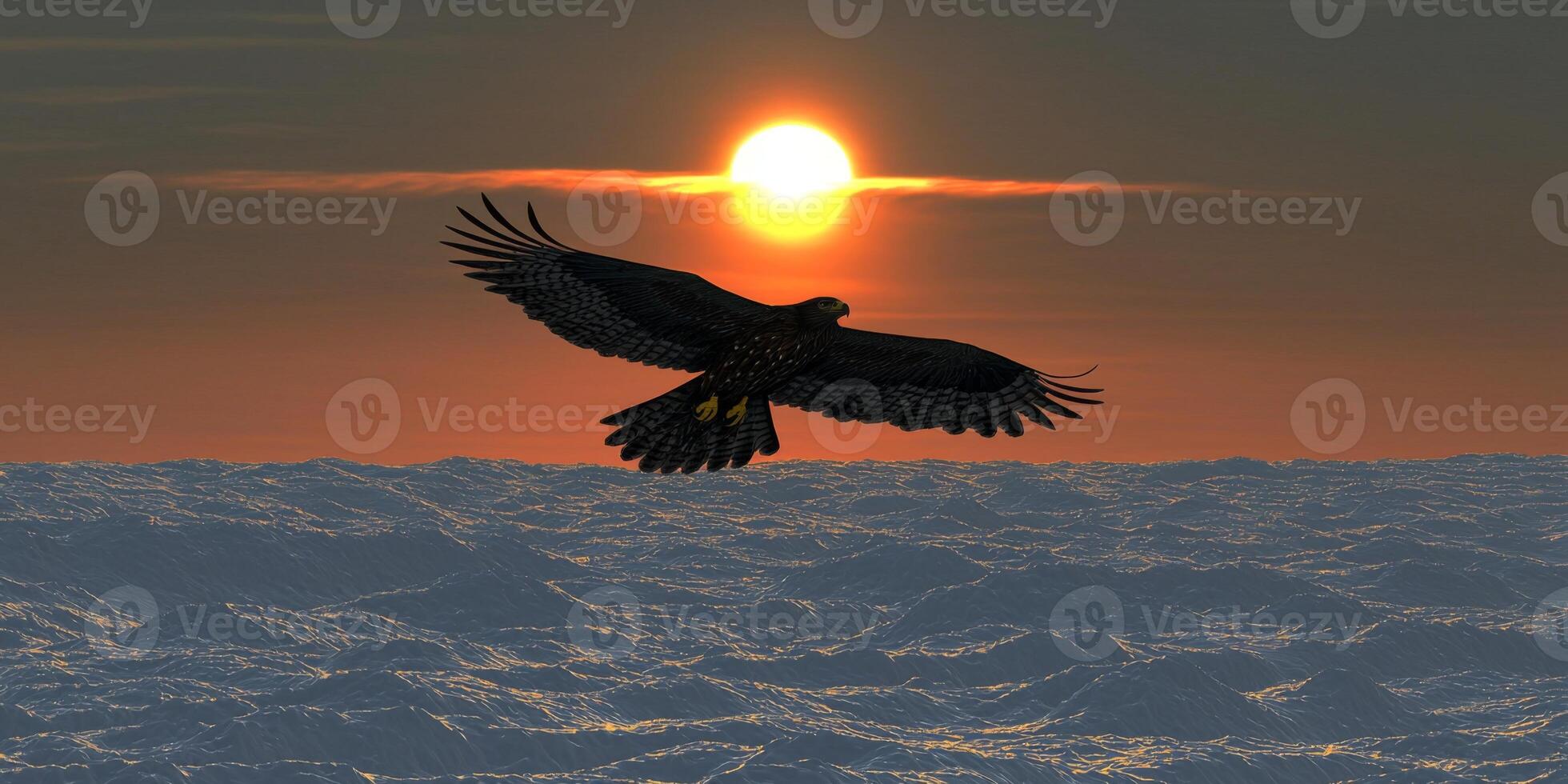 Majestic Hawk Soaring Sunset Over Ocean Waves Landscape photo