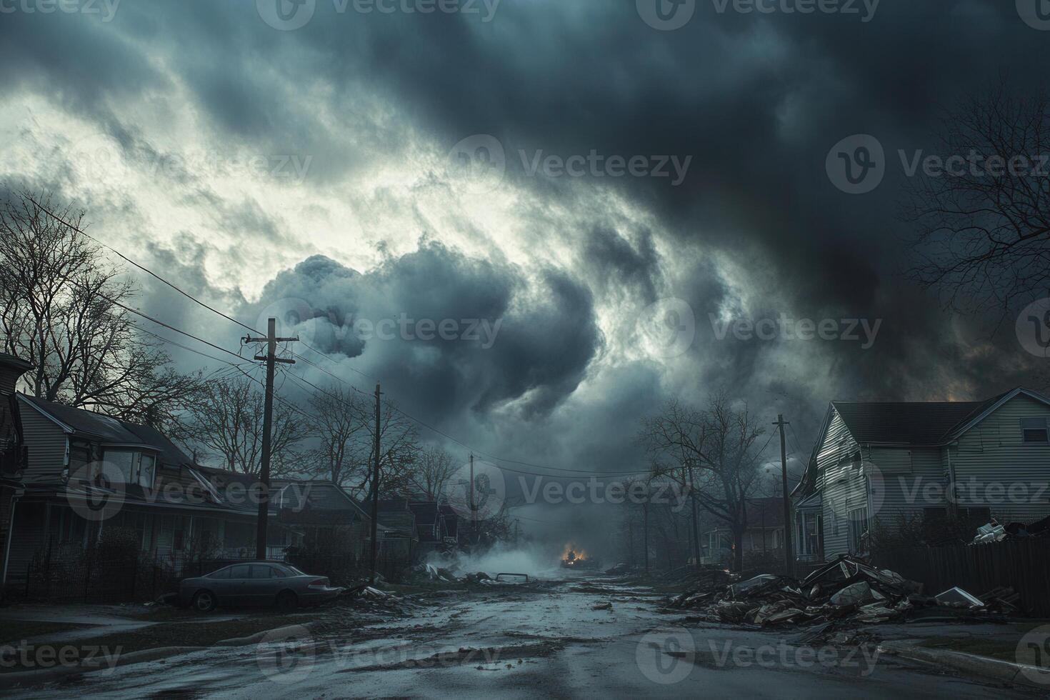 Storm damage Suburban street after a severe weather event, showing debris, flooding, and houses. photo