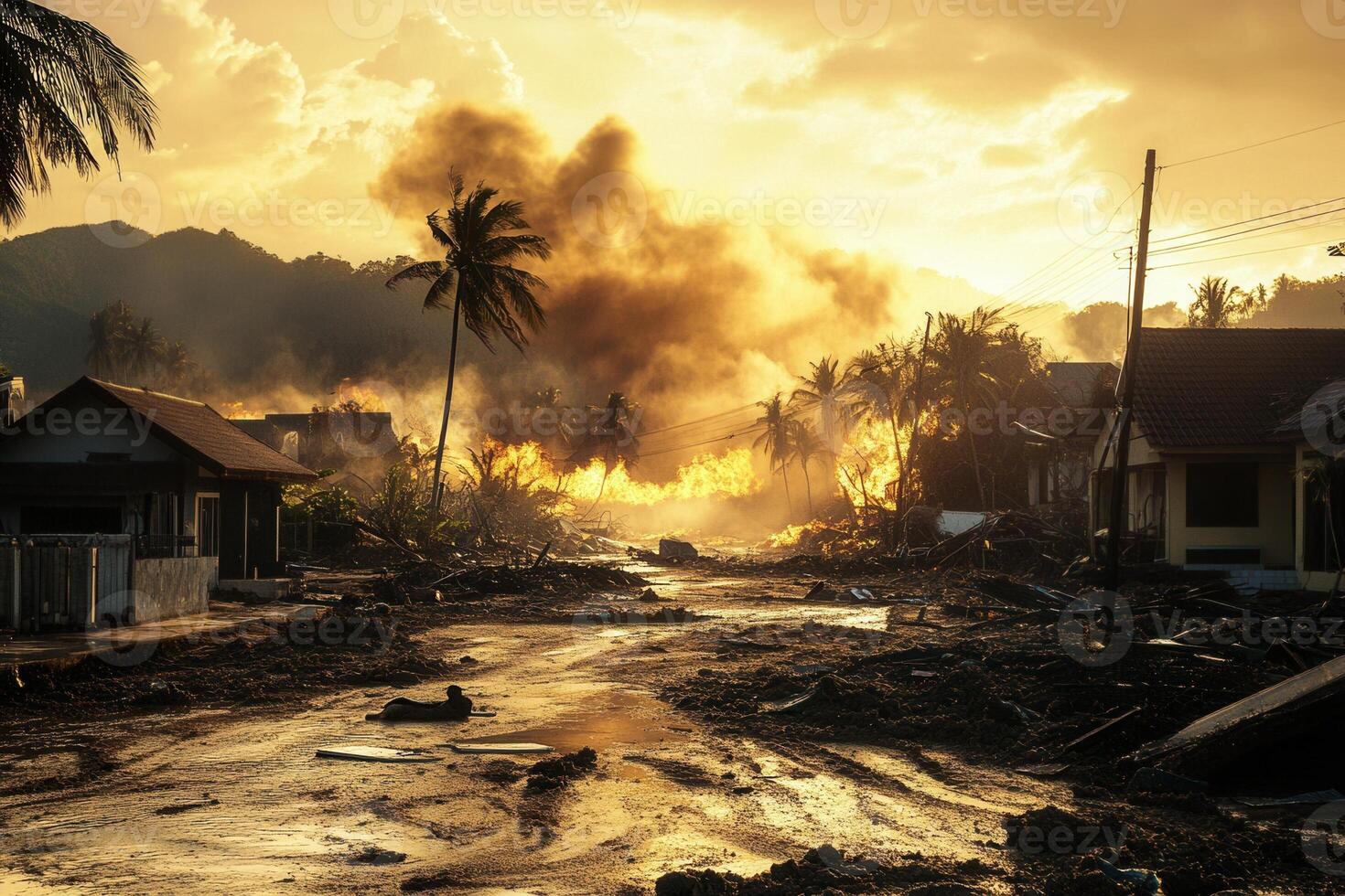 Sunset over a village devastated by a natural disaster, showing fire, destruction, and debris. photo