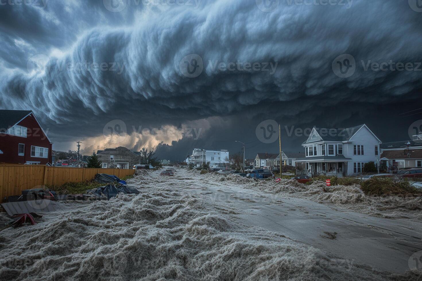 Storm surge floods residential street, houses threatened by ominous clouds. photo