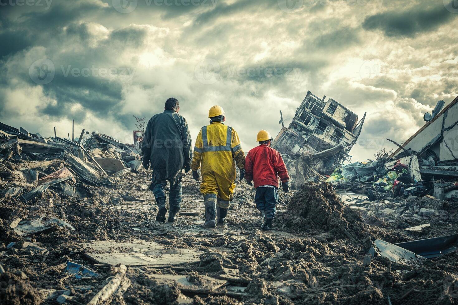 Three rescue workers walk through debris after a disaster. photo