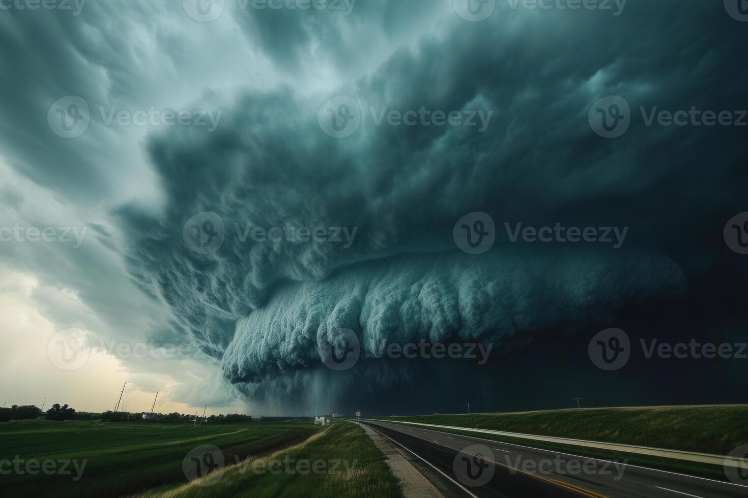 Immense, dark storm clouds over a highway and fields. photo