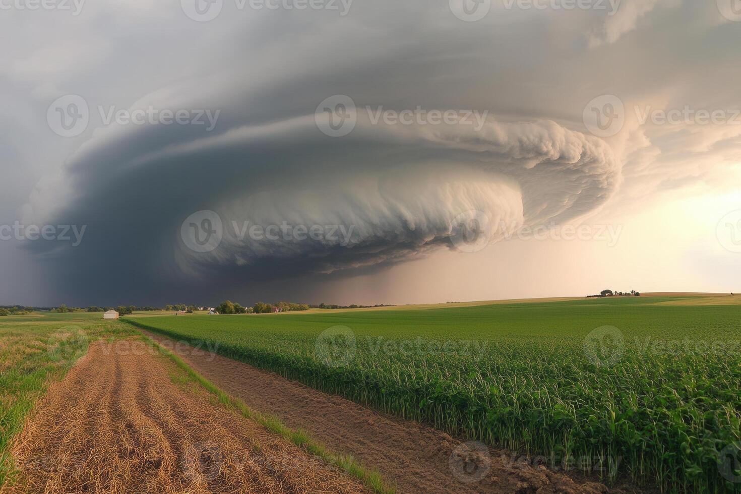 Imposing supercell thunderstorm over rural farmland, dramatic sky. photo