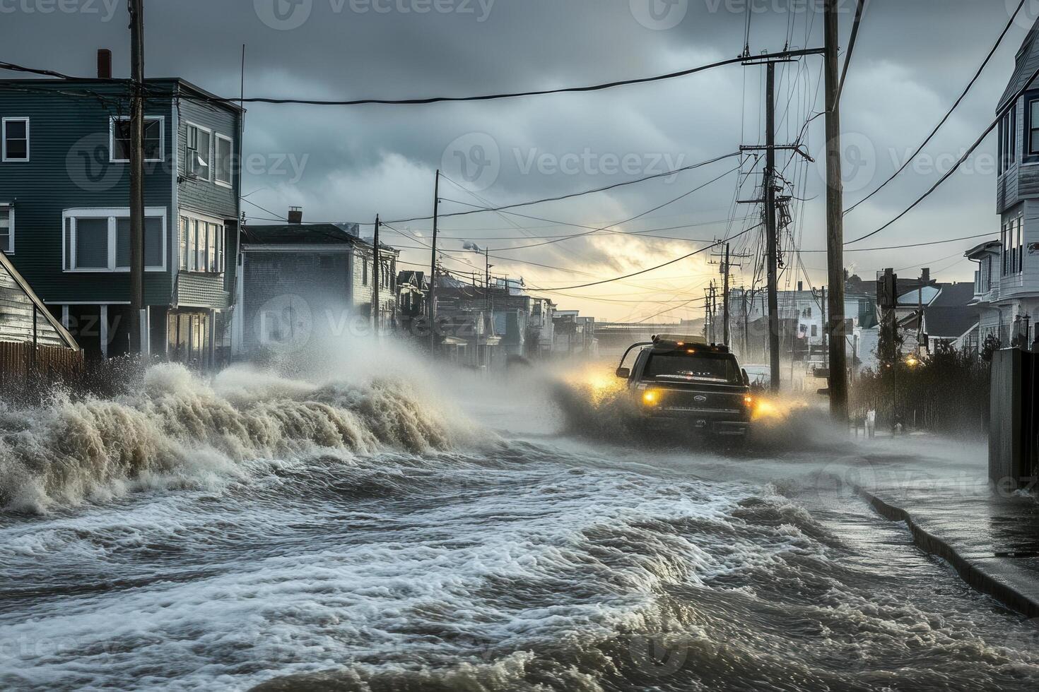 Powerful storm surge floods a residential street, a truck drives through the turbulent water. photo