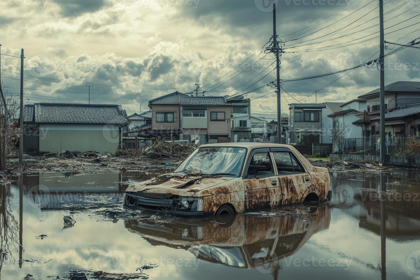 Rusted car submerged in floodwaters after a natural disaster, near residential buildings. photo