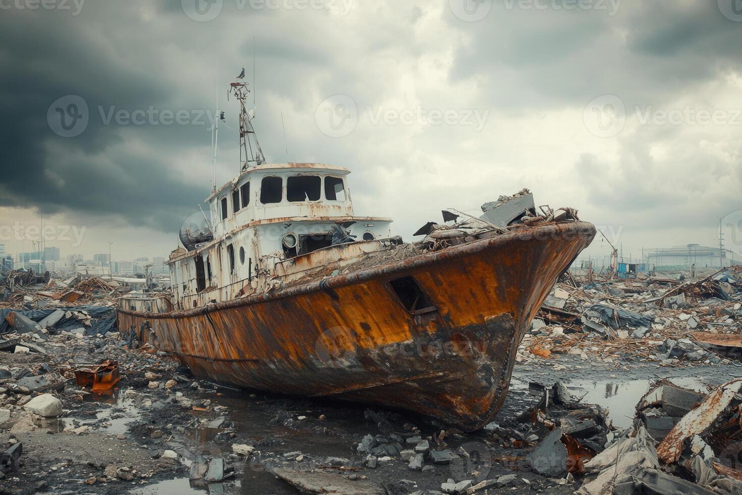 Rusty shipwreck amidst post-disaster debris. photo