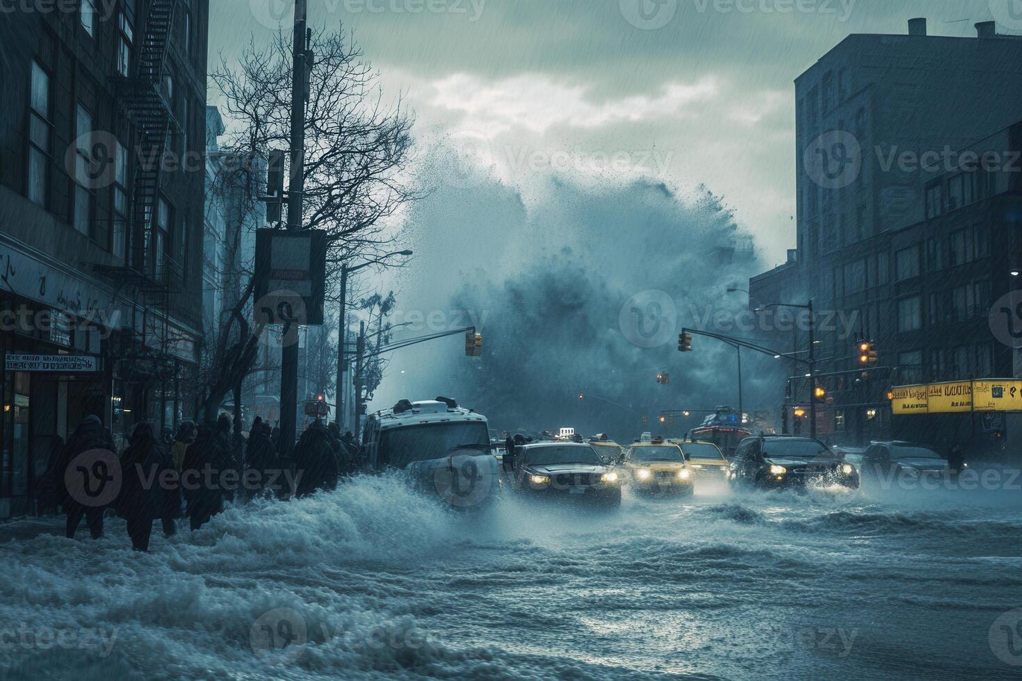 Urban flood scene with people and vehicles submerged in rising water during a severe storm. photo