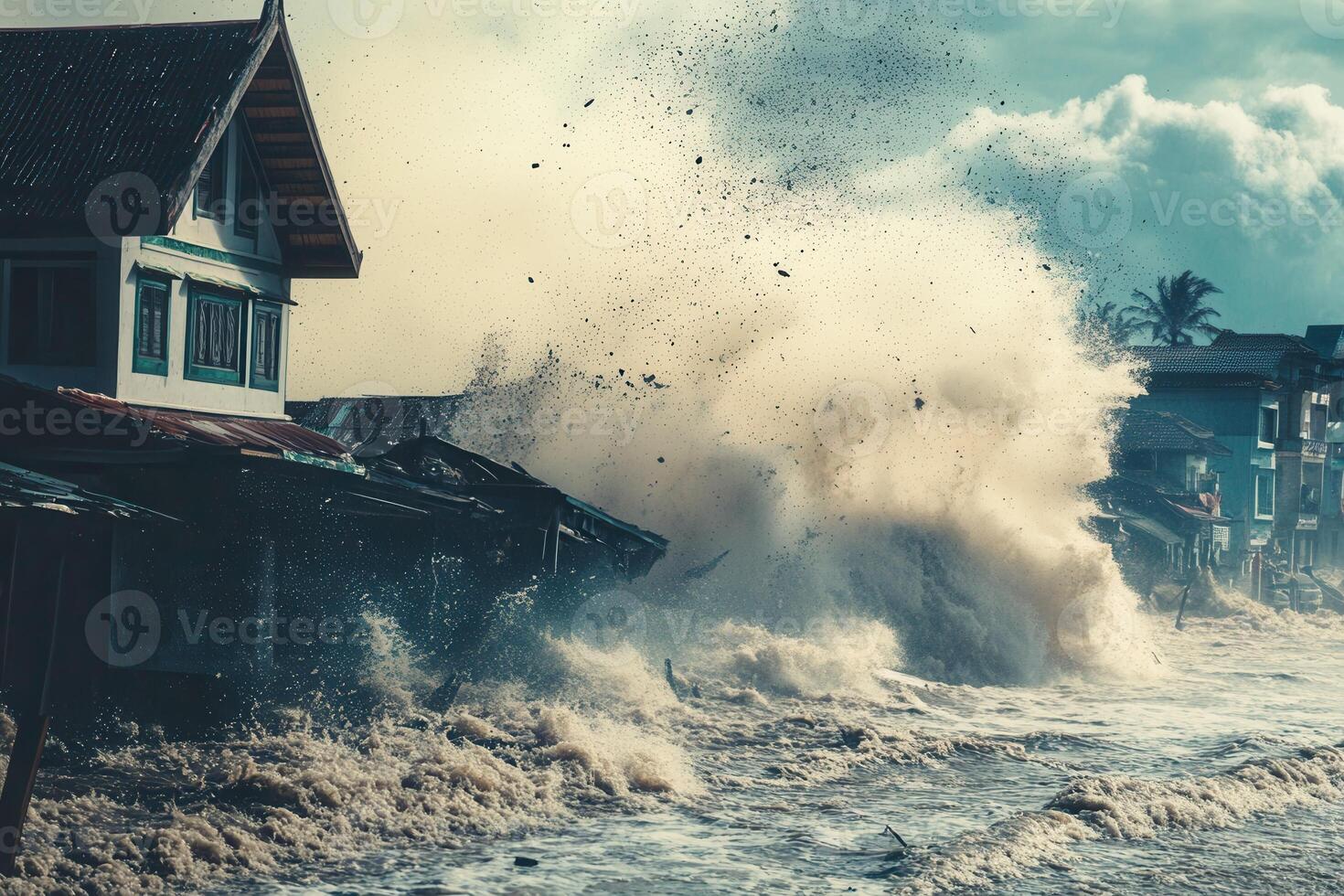 Powerful storm surge crashes against coastal houses. photo
