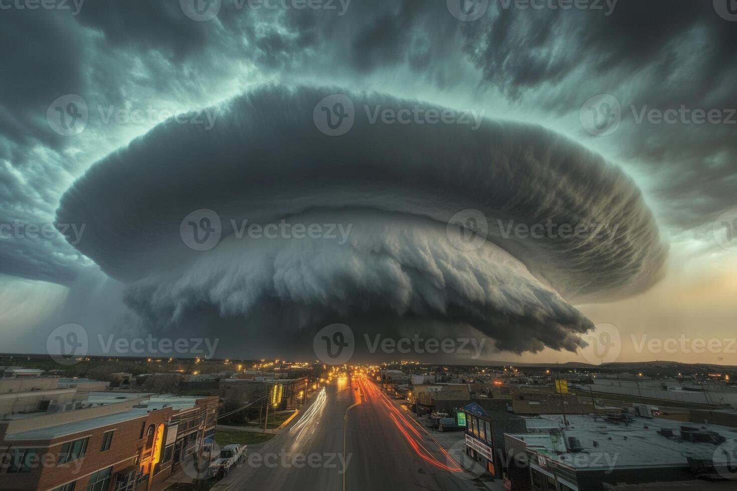Imposing supercell thunderstorm over a small town at night, illuminated by car lights on a highway. photo