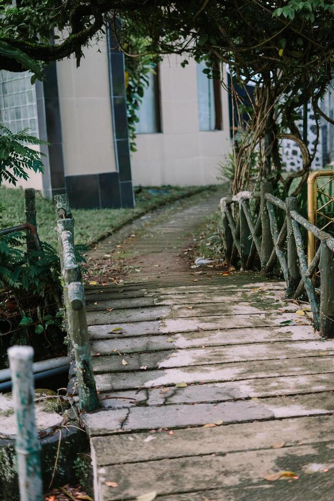 Old wooden bridge with rustic railings leading to a garden path, surrounded by lush greenery photo