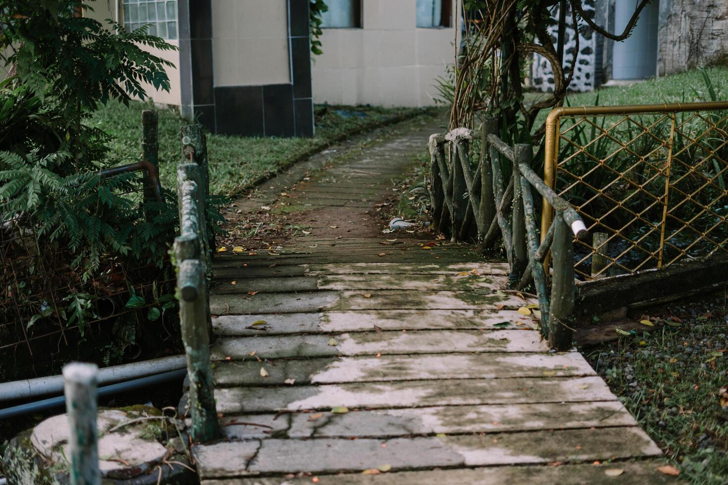 Old wooden bridge with rustic railings leading to a garden path, surrounded by lush greenery photo