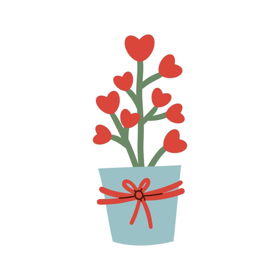 Houseplant with heart shaped leaves doodle. Valentines day plant. Home potted flower . Flat illustration isolate on white . vector