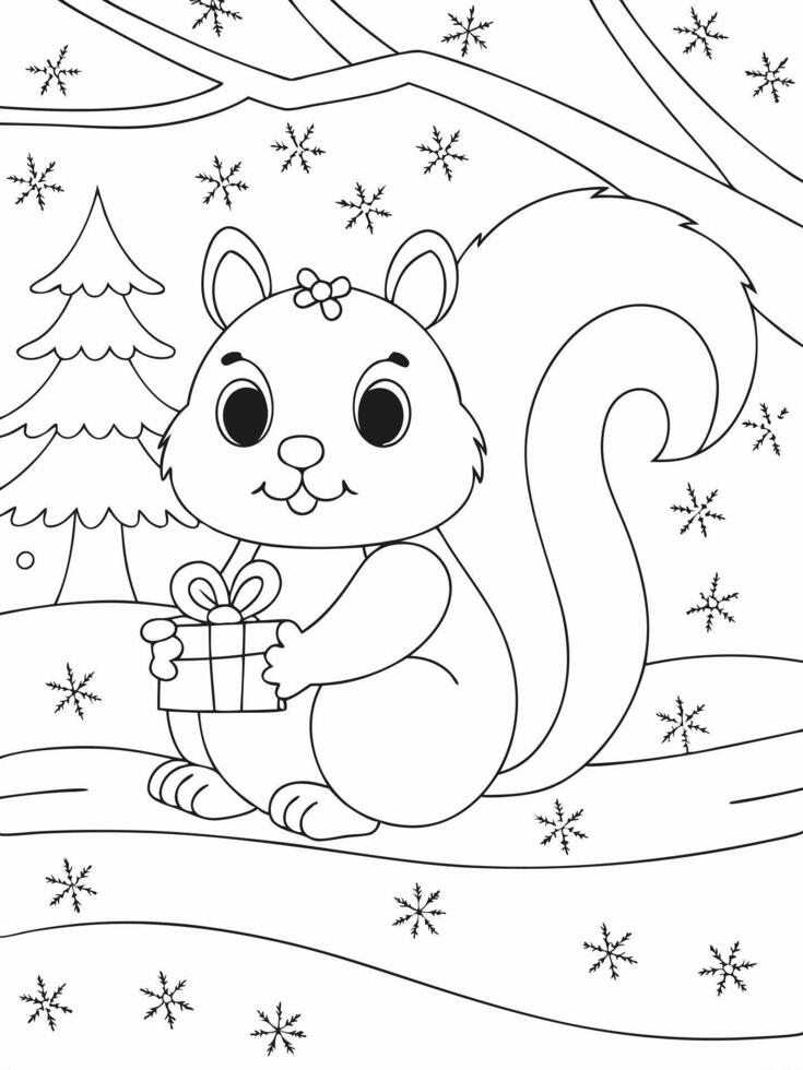 A squirrel holding a gift in the snow coloring page vector