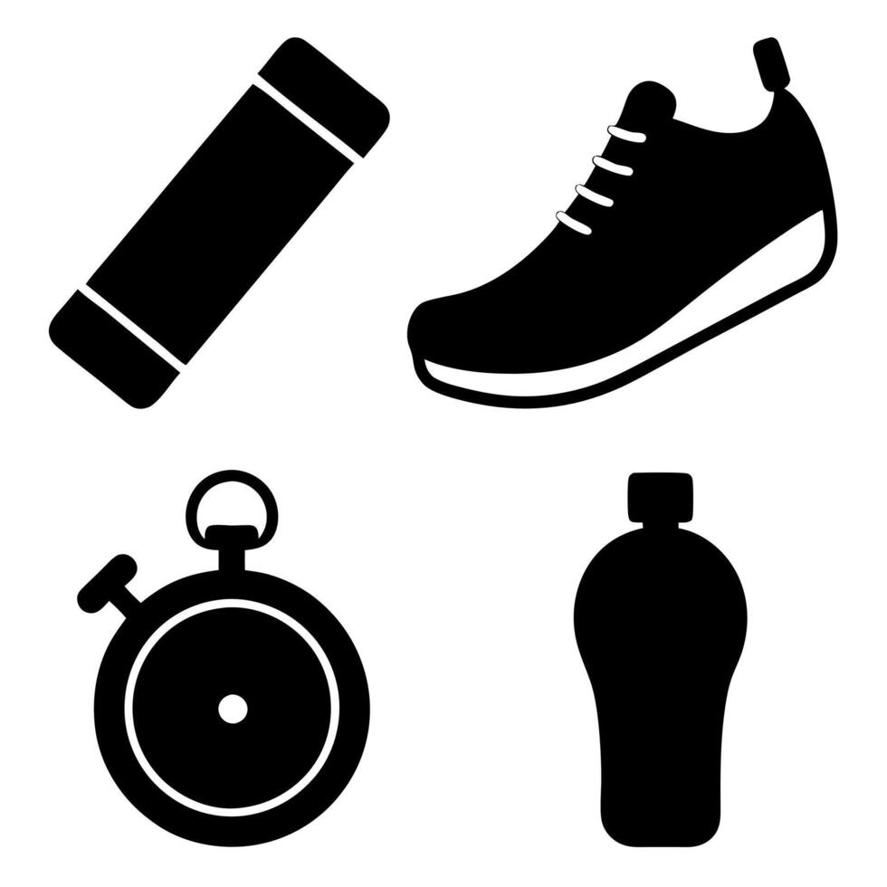 Running shoes, water bottle and stopwatch icons vector