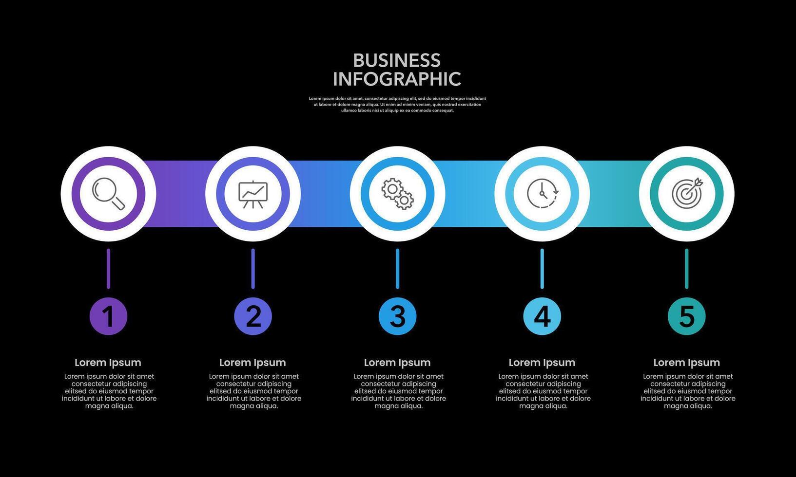 5 Steps circle infographic to success on black background. Presentation, Data, Plan and Strategy. vector