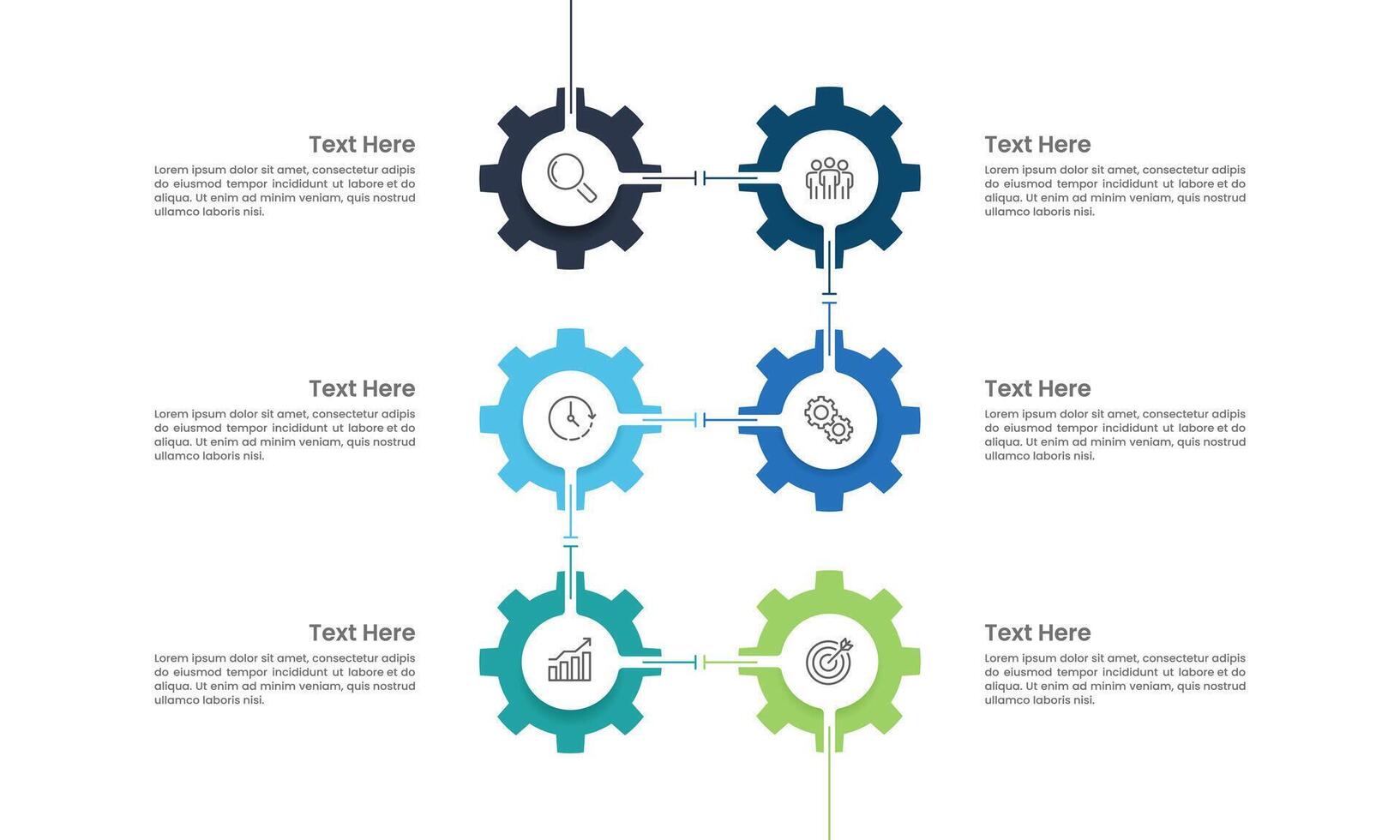 Colorful Gear Infographic design 6 Steps to Business Success. Presentation, Data, Information, Workflow and Plan. vector