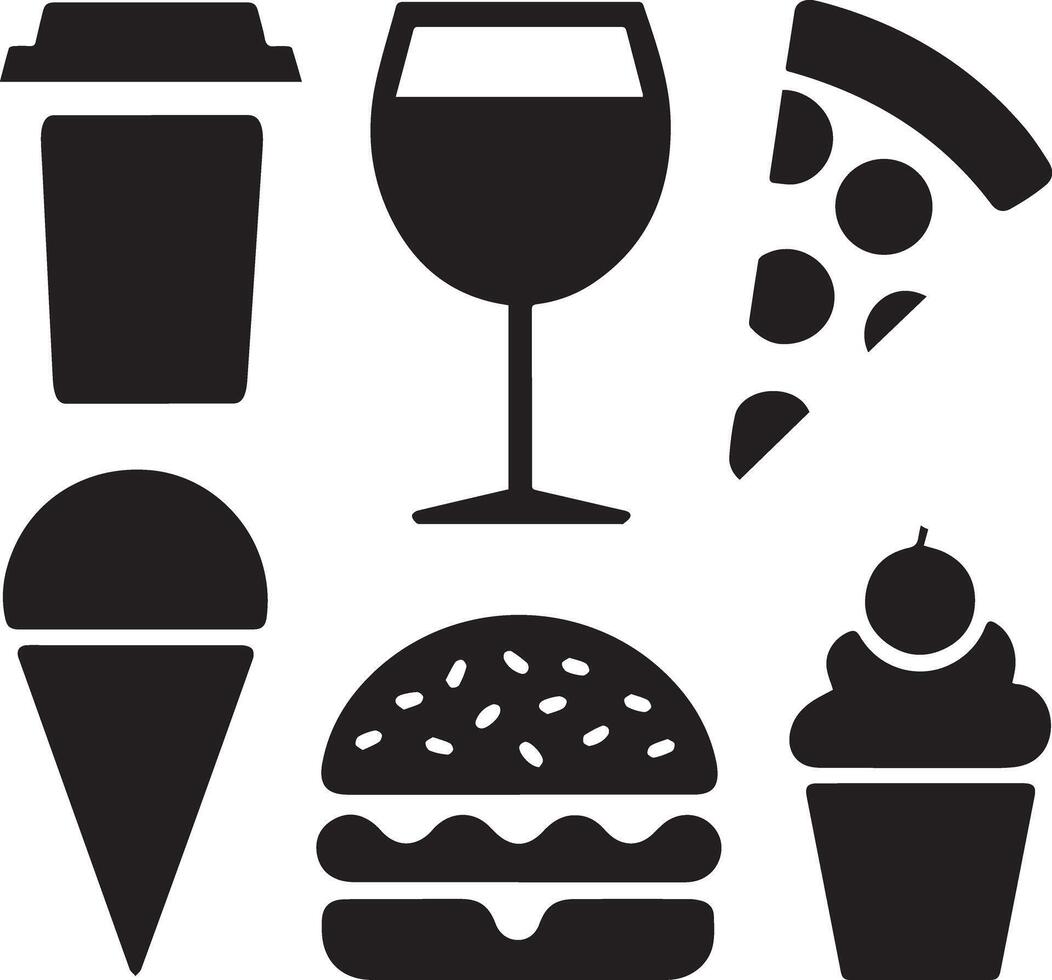 A icon set with coffee cup, wine glass, pizza slice, burger, ice cream cone, and cupcake. vector