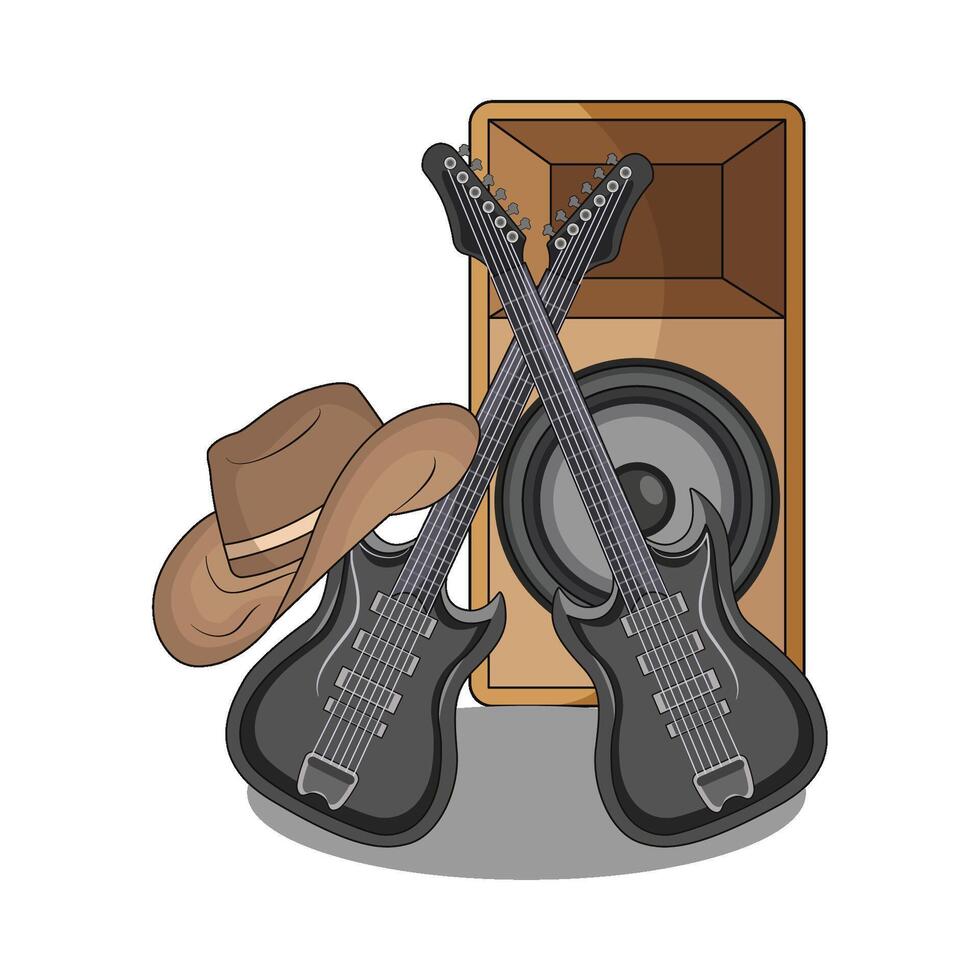 Electric Guitar with Amplifier and hat vector
