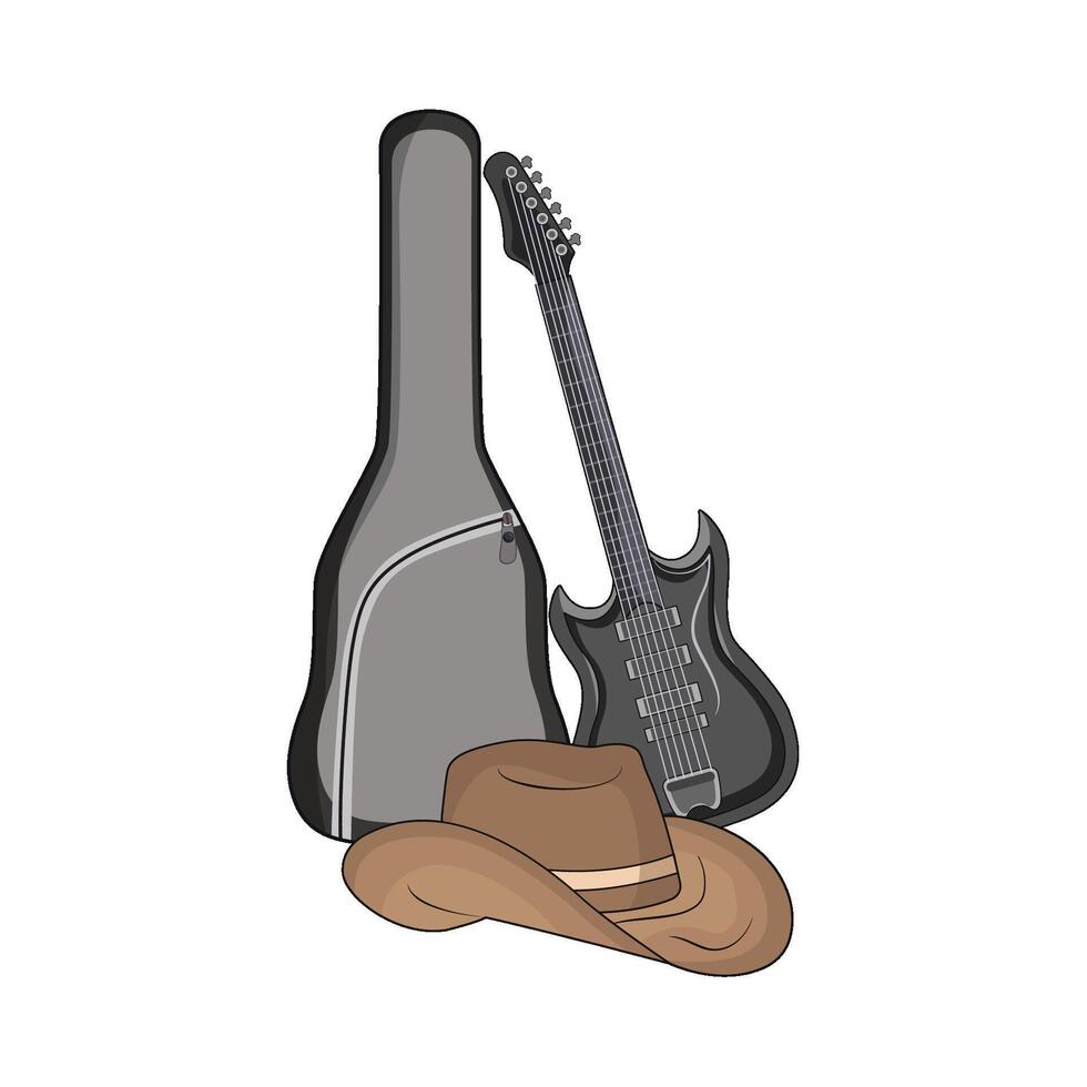 electric guitar with guitar case and hat vector