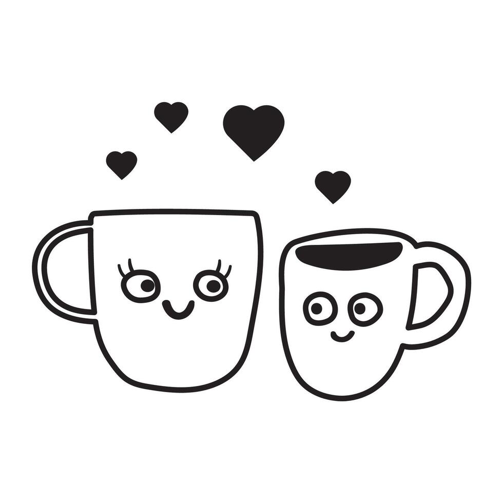 Coffee mugs. Boy and girl. Romantic scene about fall in love. Card design for Valentine's day. outline illustration on white background. vector