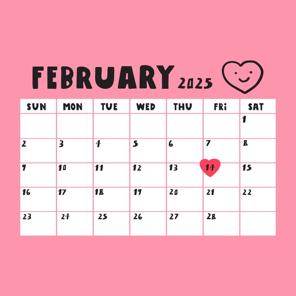February 2025. Template calendar list. Monthly planner. Illustration on pink background. vector