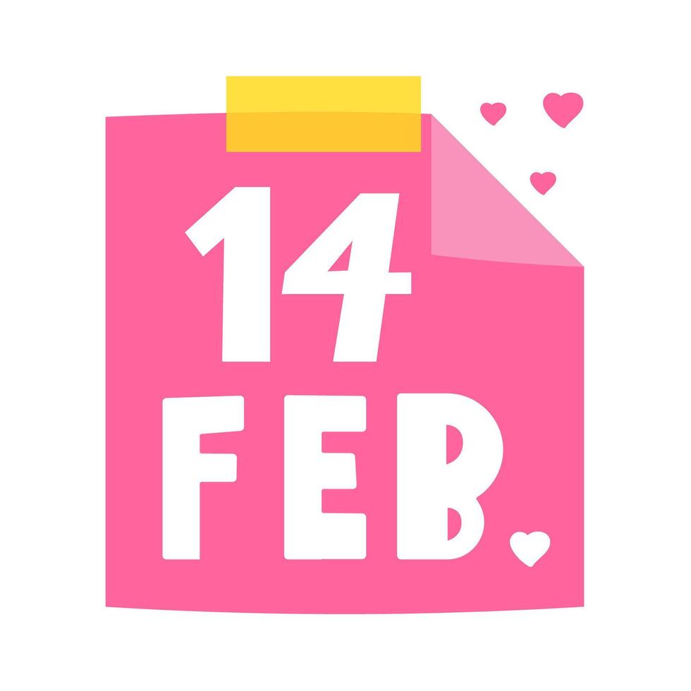 14 Feb. Pink paper note. Illustration on white background. vector