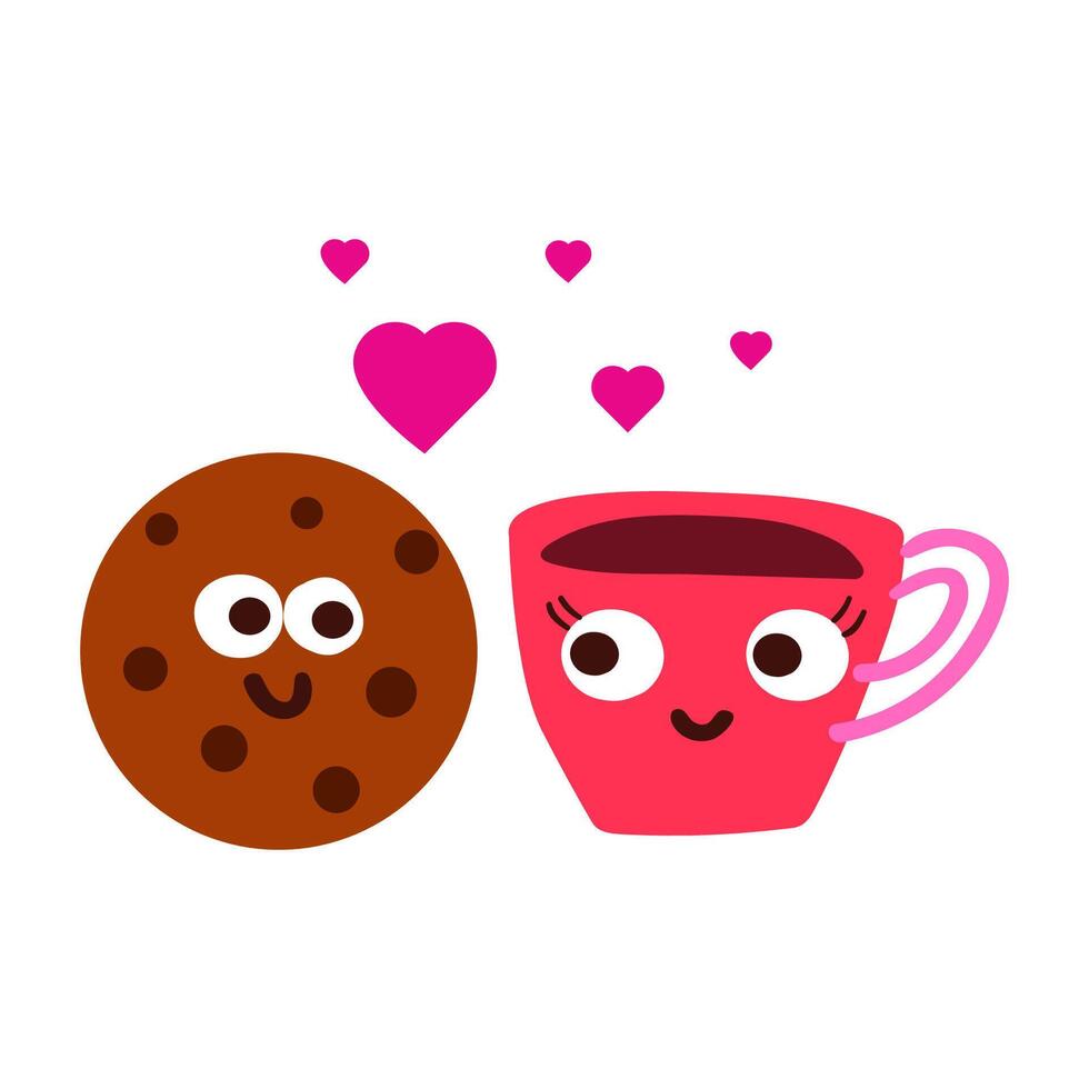 Red coffee cup and chocolate cookie. Romantic scene. Design for Valentine's day. Flat illustration on white background. vector